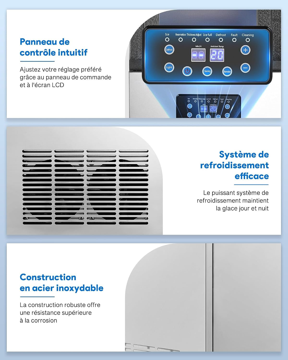 Machine À Glaçons Commerciale 480W 58Kg/24H Ice Maker Professionnel 36 Pièces Écran LCD Storage De 10Kg Pour Maison Bureau Restaurant Bar Café