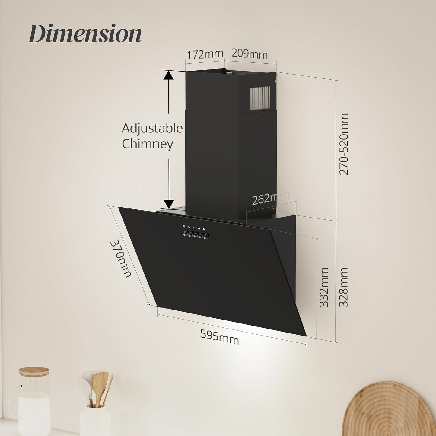 Hotte Aspirante 60Cm - Hotte De Cuisine Inclinée Avec Moteur Sans Balais, 3 Vitesses, Filtres À Charbon Inclus, Évacuation Ou Recyclage, Noir | Extracteur D'Air Mural Pour Cuisine, Recirculation Et Conduit