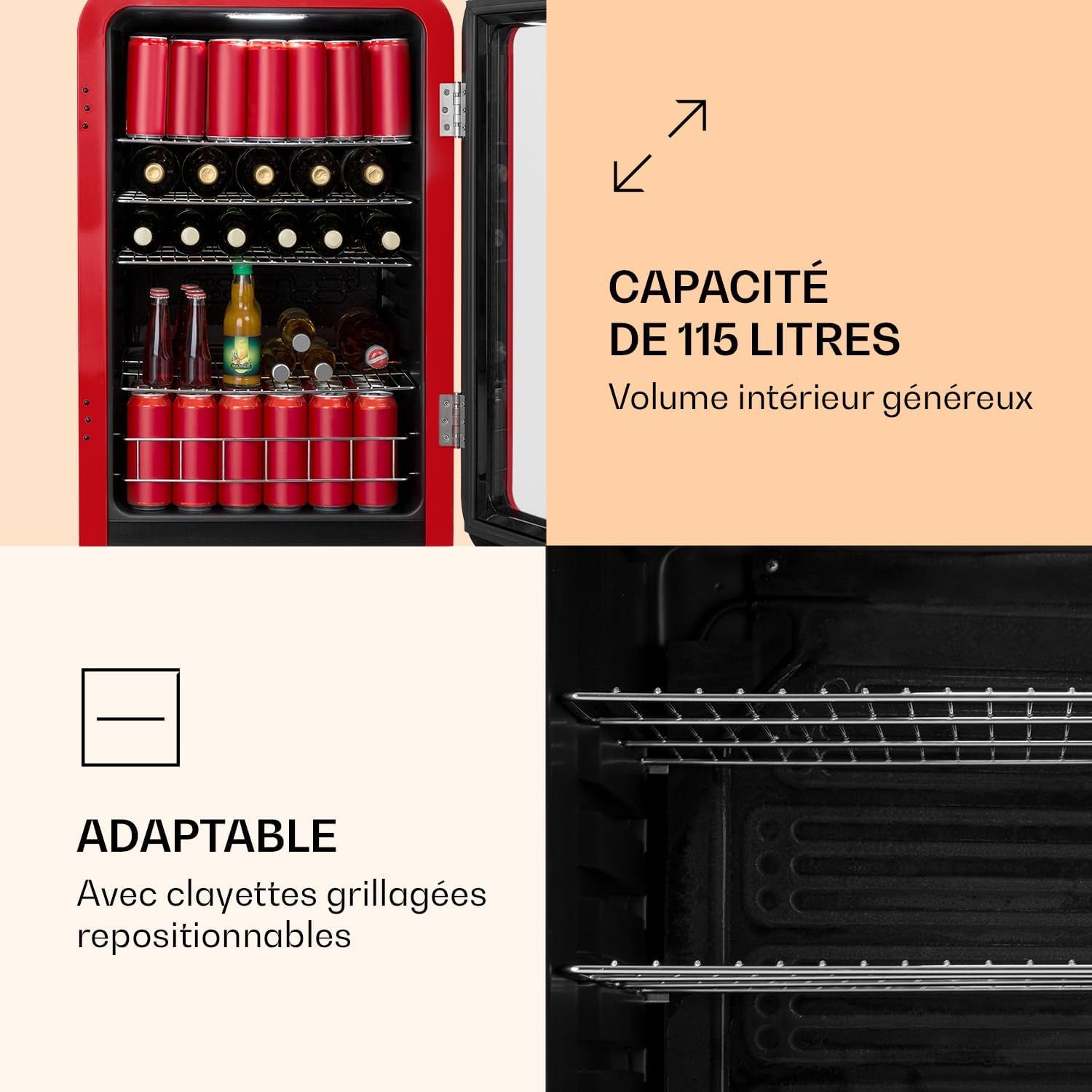 Poplife Refroidisseur De Boissons - Mini-Bar, Réfrigérateur Rétro, 0-10°C, Seulement 39 Db, 115 L, Écologique, Porte À Double Vitrage, Design Rétro, Rouge