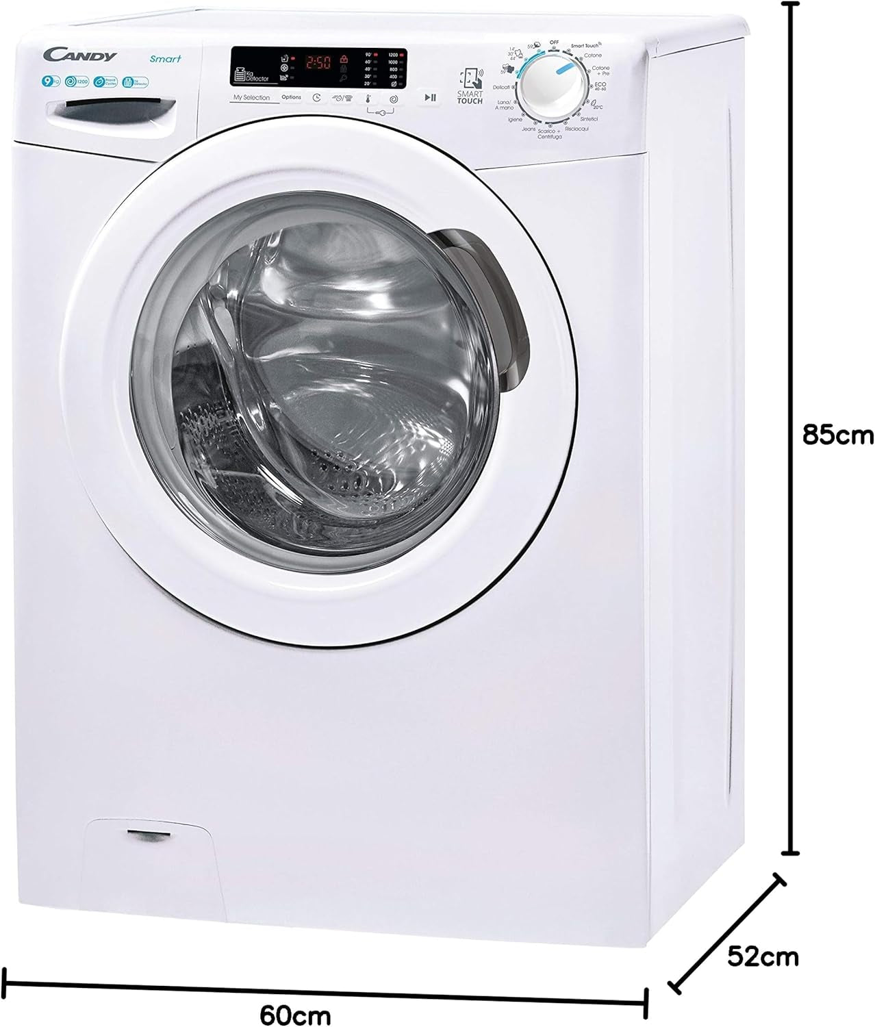 Smart CS1292DE-11 Machine À Laver À Chargement Frontal, 9 Kg, 1200 Tours, 16 Programmes, Connectivité NFC, Cycles Rapides, Détecteur Kg, Blanc, 60 X 52 X 85 Cm
