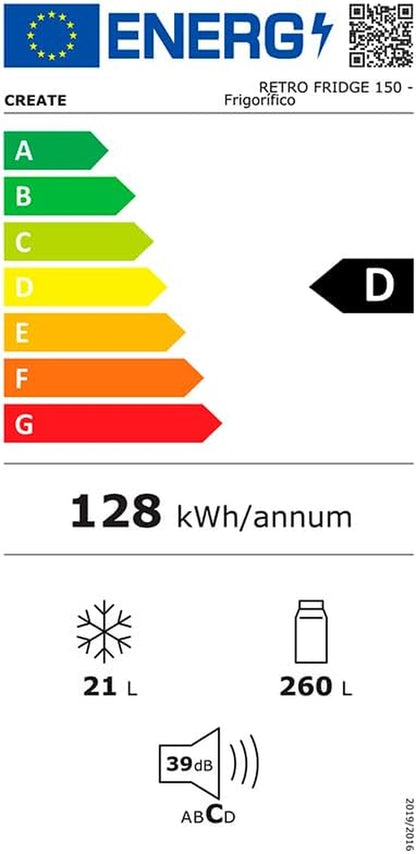 / RETRO FRIDGE 150 Silver/Réfrigérateur Noir Avec Poignée Argent Et Congélateur 281L / 102W, Faible Consommation, 150 Cm, 3 Étagères, Régulateur De Température, 60X60X150 Cm