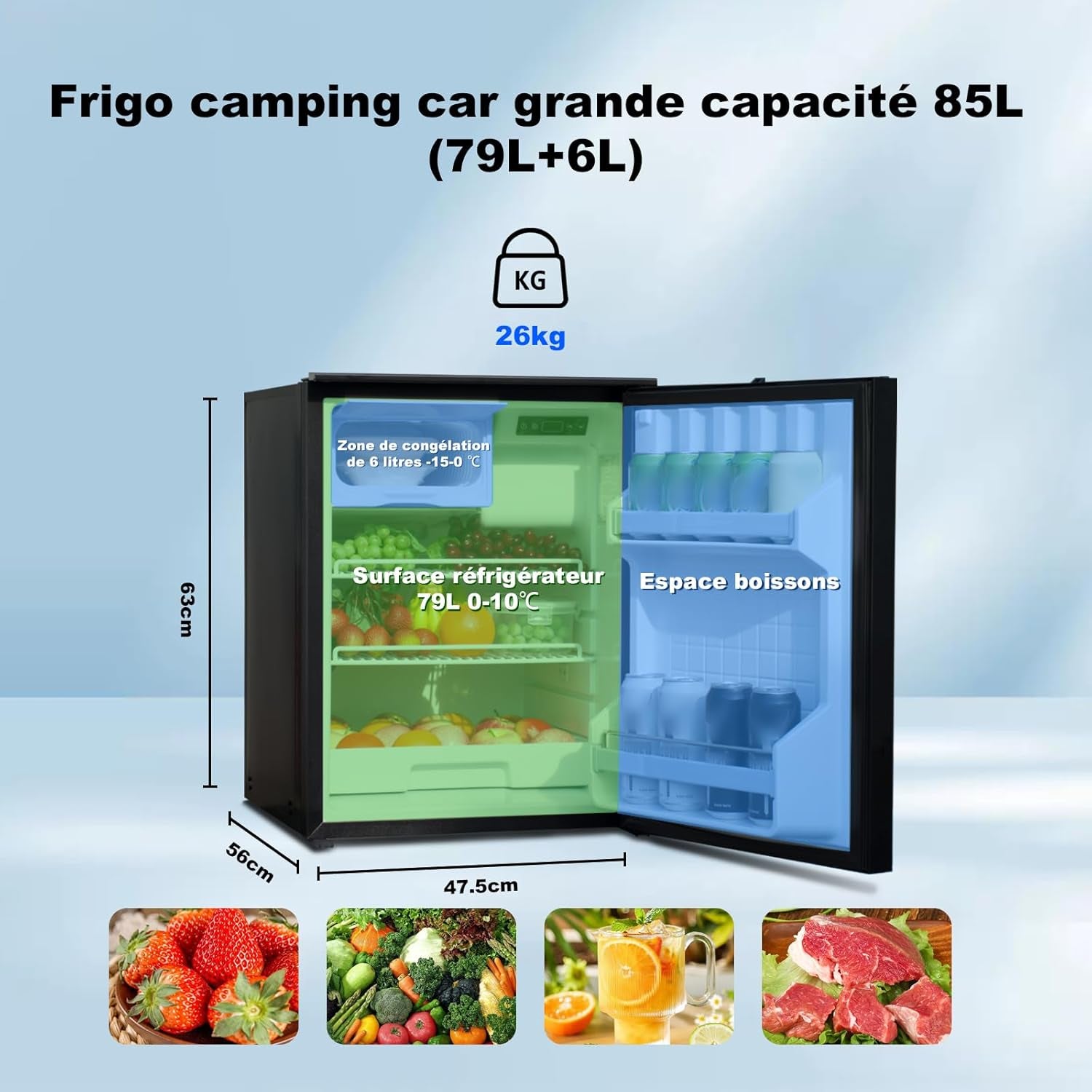Frigo Compression 12V, 85L Avec Congélateur, Frigo Camping Car, Frigo 12V, Frigo Camion 24V, Réfrigérateur Pour Voiture Caravane Van Aménagé Fourgon Bateau, -15 À 10 ℃, Noir