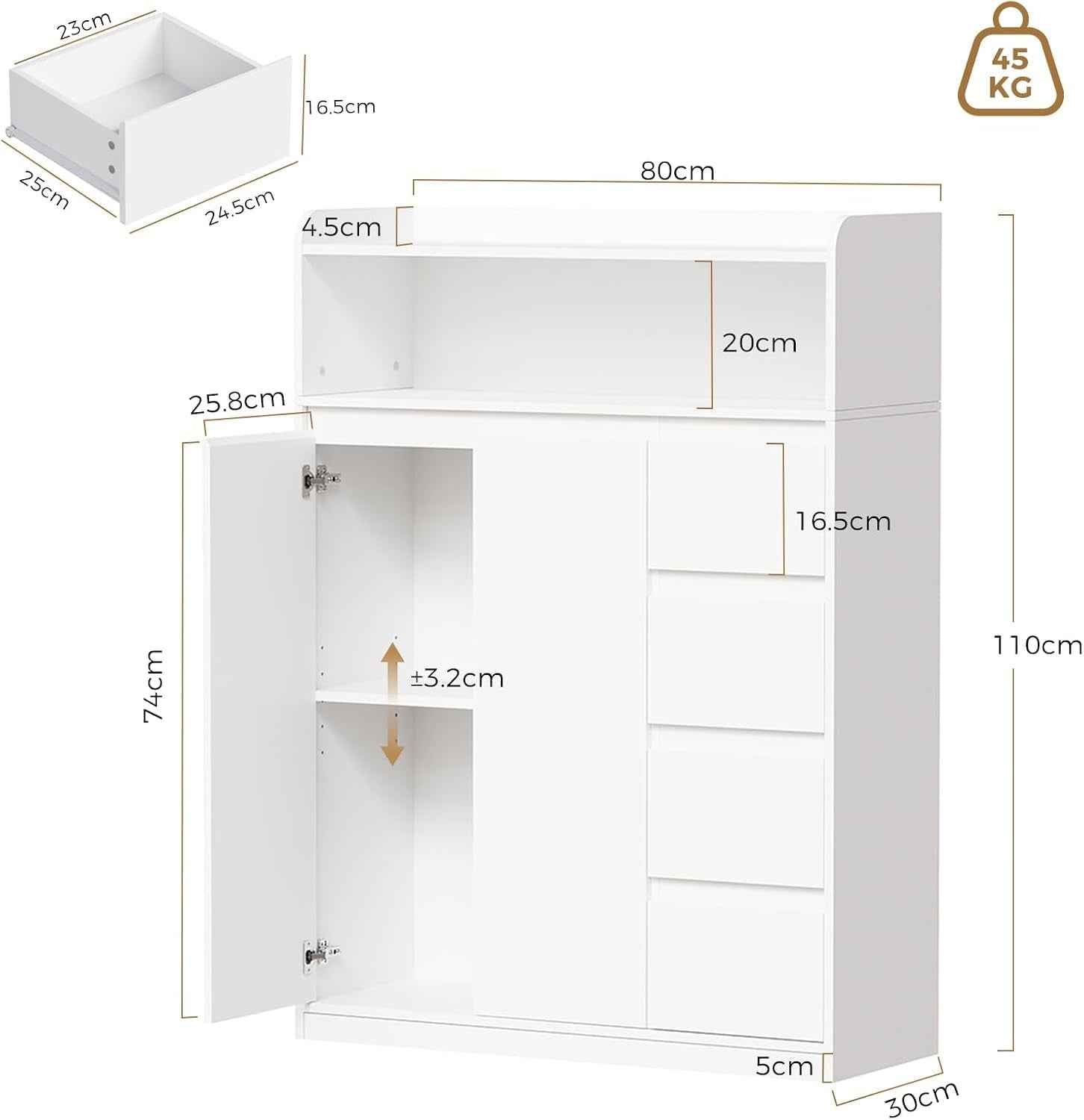 Meuble Salle De Bain, Armoire Sur Pied Haute Niveaux 110X80X30Cm | Meuble De Rangement Avec Étagère Réglable À 4 Tiroirs, 2 Portes, Commode, Pour Salon, Salle De Bain, Blanc SBC015W