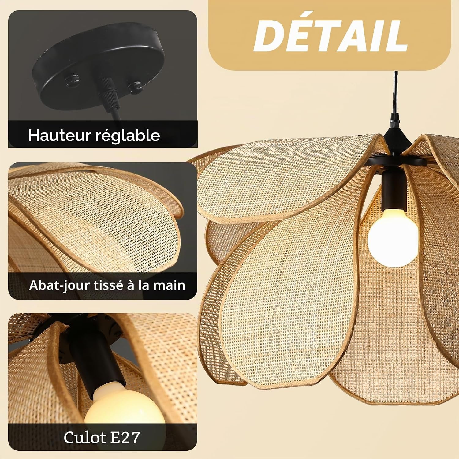 Suspension Rotin Vintage,Fleur Créative Lustre Rotin, Luminaire En Bambou Tressé Max 60W, Pour Salon Chambre Cuisine Couloir (60CM)