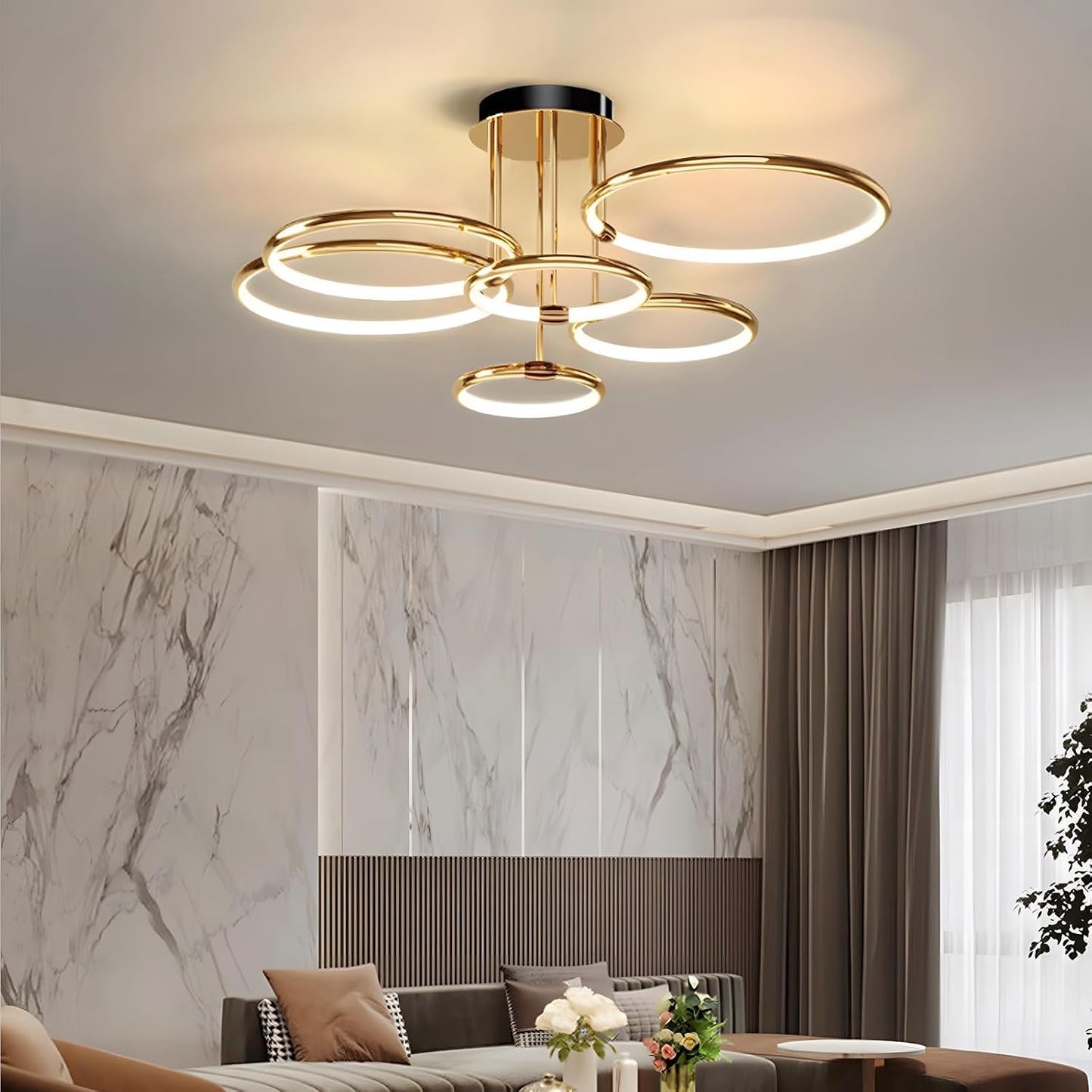 Plafonnier LED, Ø105Cm Lustre Cercle En Métal Doré, 145W Dimmable En Continu 3000-6000K, Pendentif Galvanoplastie Rond Moderne, Chambre Salon Enfants Bureau Étude Cuisine Couloir (6 Anneaux)