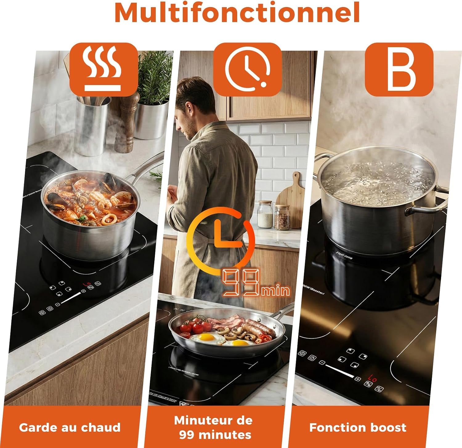 Plaque Induction 4 Feux, Avec Deux Zones Flexibles, 7200W | Plaque De Cuisson Induction 4 Zones, Avec Booster, 9 Niveaux, Sécurité Enfant,Arrêt Automatique, Maintien Au Chaud, BBQ, 60Cm