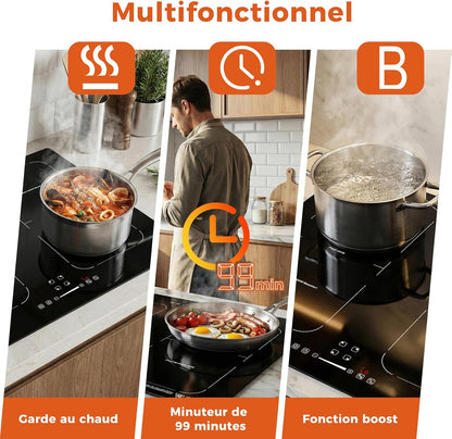 Plaque Induction 4 Feux, Avec Deux Zones Flexibles, 7200W | Plaque De Cuisson Induction 4 Zones, Avec Booster, 9 Niveaux, Sécurité Enfant,Arrêt Automatique, Maintien Au Chaud, BBQ, 60Cm