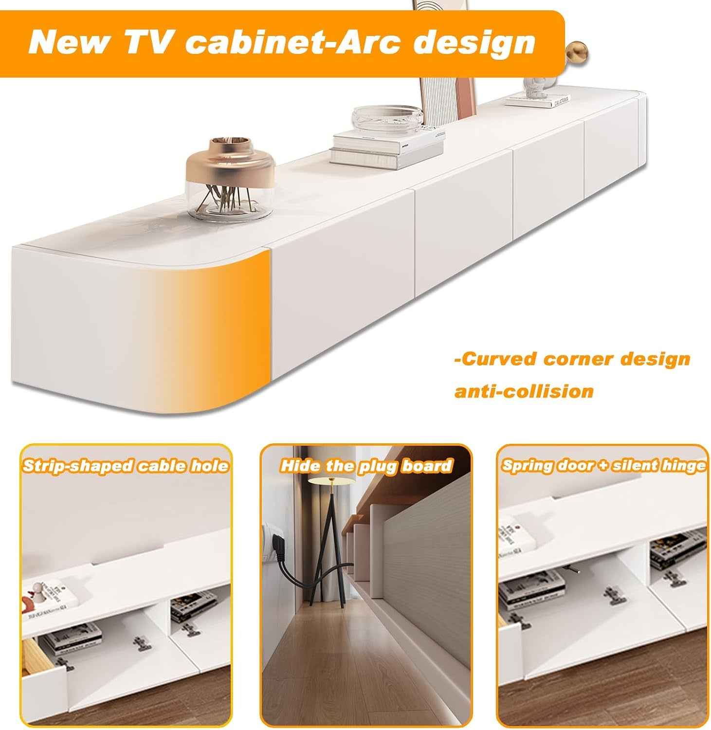 Meuble TV Flottant, Étagères TV Murales Avec Porte, Console Multimédia TV, Meuble TV Flottant, Grand Banc TV De Rangement Sous La Télévision(Blanc,140Cm/55.1")