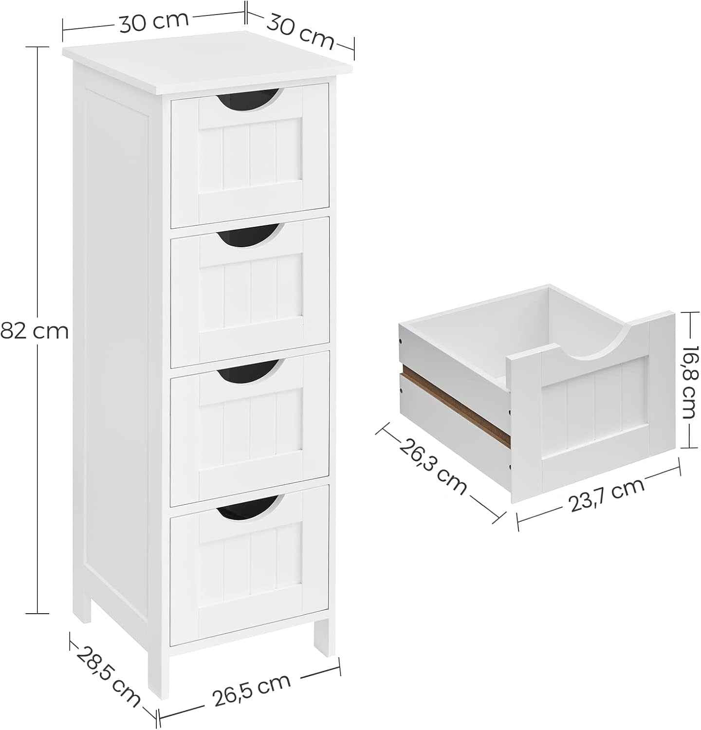 Meuble De Salle De Bain, Armoire Sur Pied, Avec 4 Tiroirs, 30 X 30 X 82 Cm, Pour Salon, Salle À Manger, Cuisine, Style Moderne, Blanc LHC40W