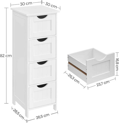 Meuble De Salle De Bain, Armoire Sur Pied, Avec 4 Tiroirs, 30 X 30 X 82 Cm, Pour Salon, Salle À Manger, Cuisine, Style Moderne, Blanc LHC40W