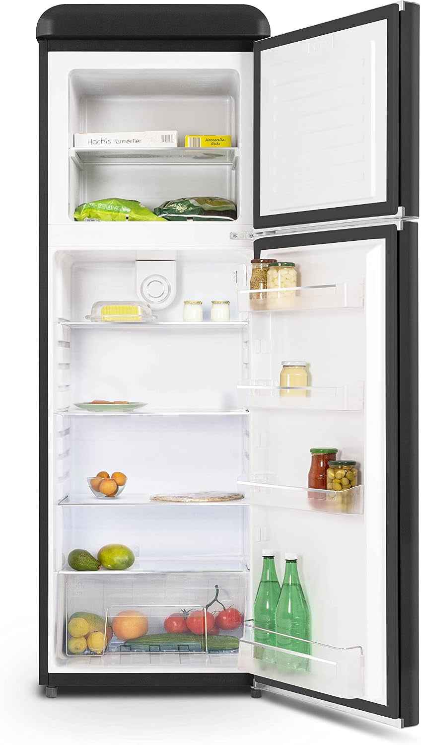 SCDD309VB, Réfrigérateur 2 Portes Vintage, 302L (227+75), Froid Brassé, 3 Clayettes Verre, Pose Libre, Thermostat Réglable, Noir