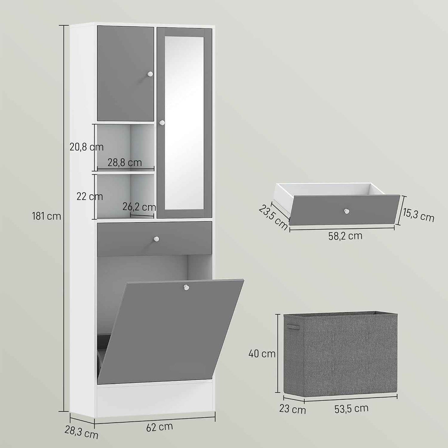 Meuble De Salle De Bain Haut Avec Coffre a Linge Et Miroir | Meuble De Rangement, Placards À Portes, 2 Compartiments Ouverts, Tiroir, Étagère Réglable, 62 X 28,3 X 181 Cm, Gris Et Blanc