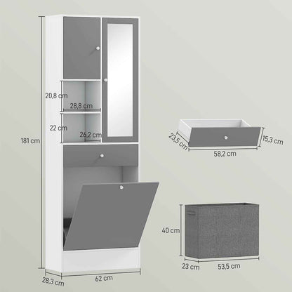 Meuble De Salle De Bain Haut Avec Coffre a Linge Et Miroir | Meuble De Rangement, Placards À Portes, 2 Compartiments Ouverts, Tiroir, Étagère Réglable, 62 X 28,3 X 181 Cm, Gris Et Blanc