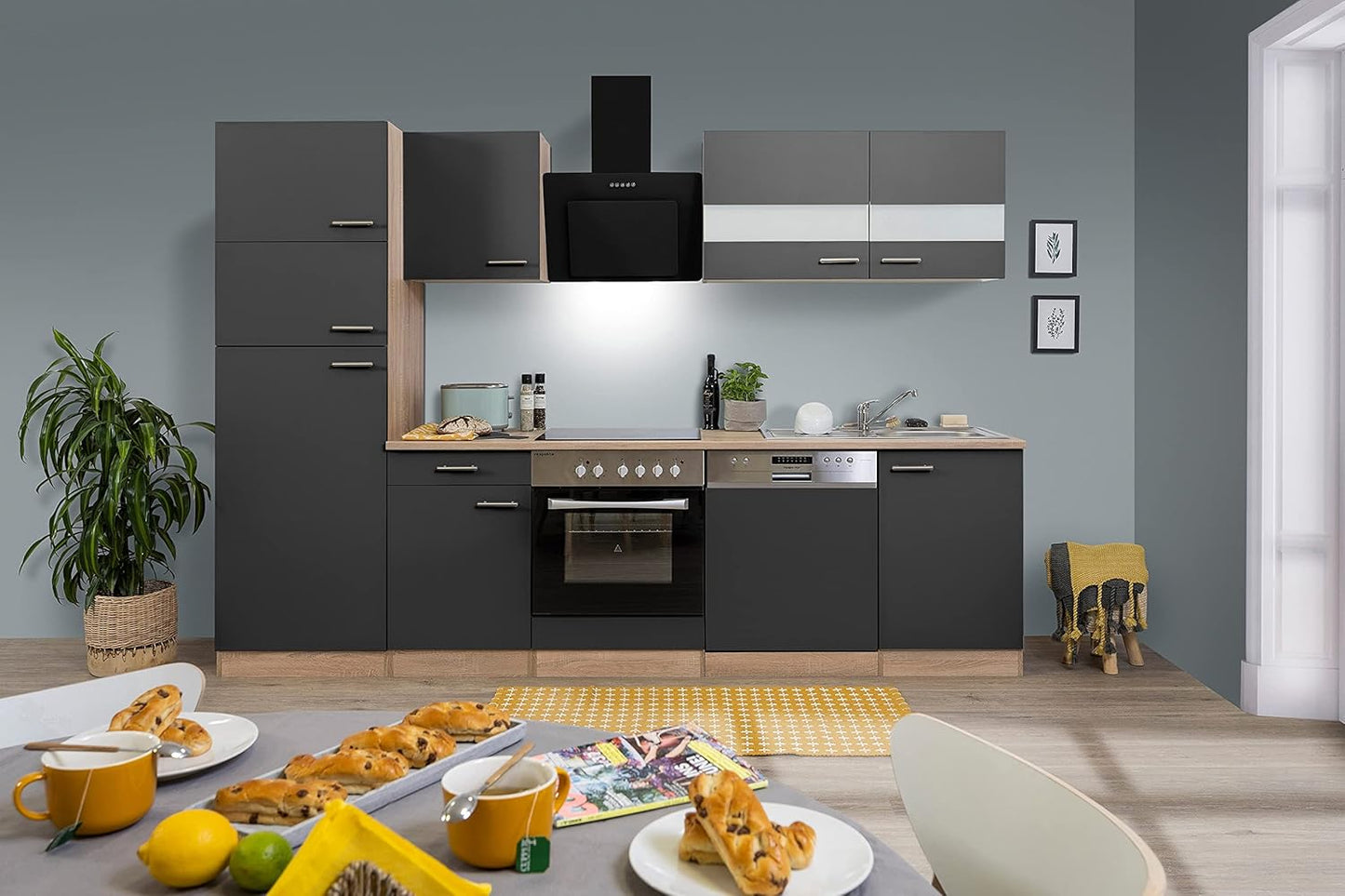 Respekta Cuisine Complète, 280 Cm, Chêne, Avec Réfrigérateur, Congélateur, Plaque En Vitrocéramique Et Lave-Vaisselle