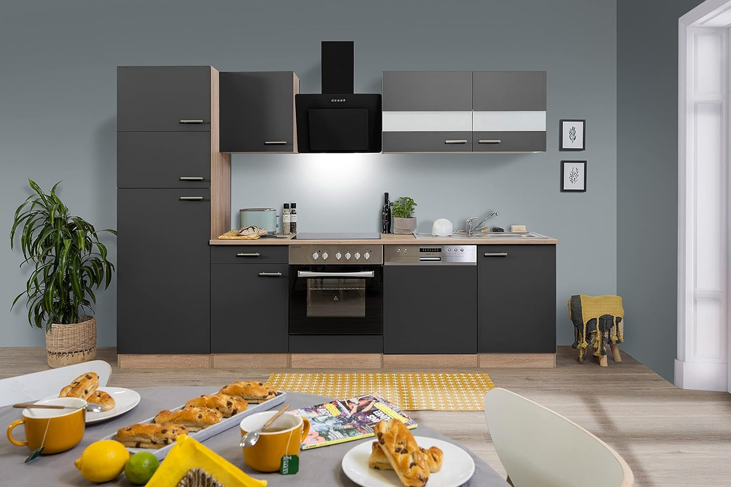 Respekta Cuisine Complète, 280 Cm, Chêne, Avec Réfrigérateur, Congélateur, Plaque En Vitrocéramique Et Lave-Vaisselle