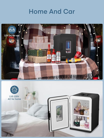 Mini Frigo De Chambre 15L/21 Canettes, Petit Frigo Portable 240V/12V, Mode Silencieux, Fonction Chaud/Froid, Cosmetique Noir