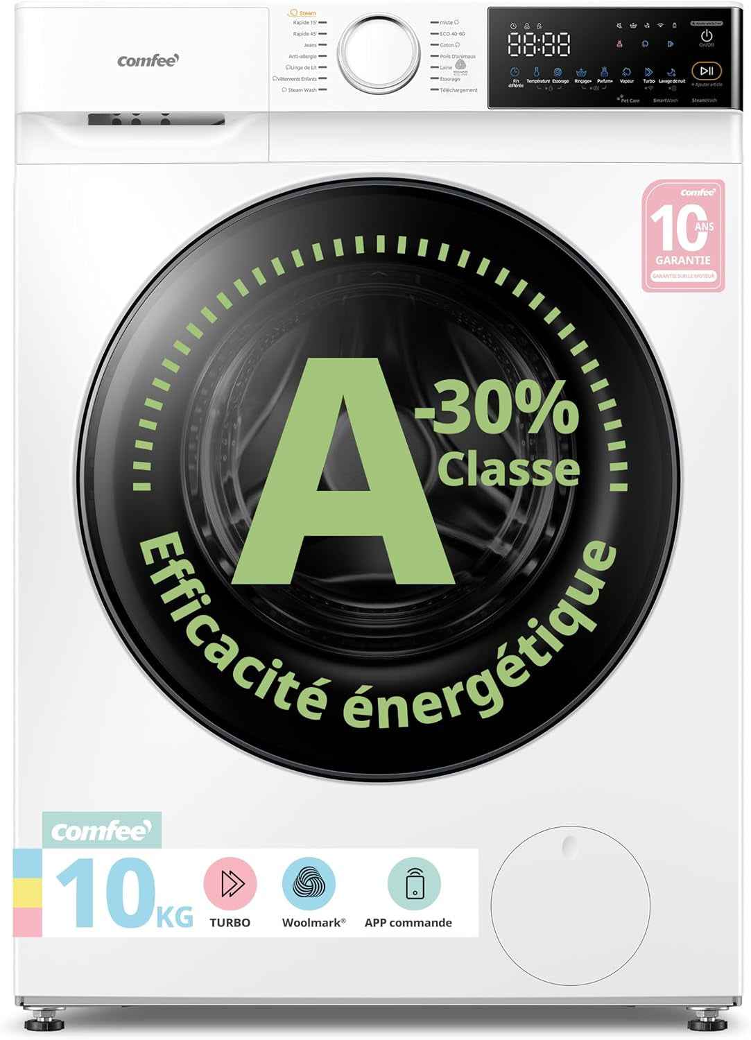 ' Machine a Laver 10KG Classe A-30% 1400RPM Smart Wash CF10EWP07W | App Commande Intelligente, Healthguard, Steam Wash, Laine, Poils D'Animaux, Turbo, Rapide 15'/45', Lavage De Nuit, Parfum+