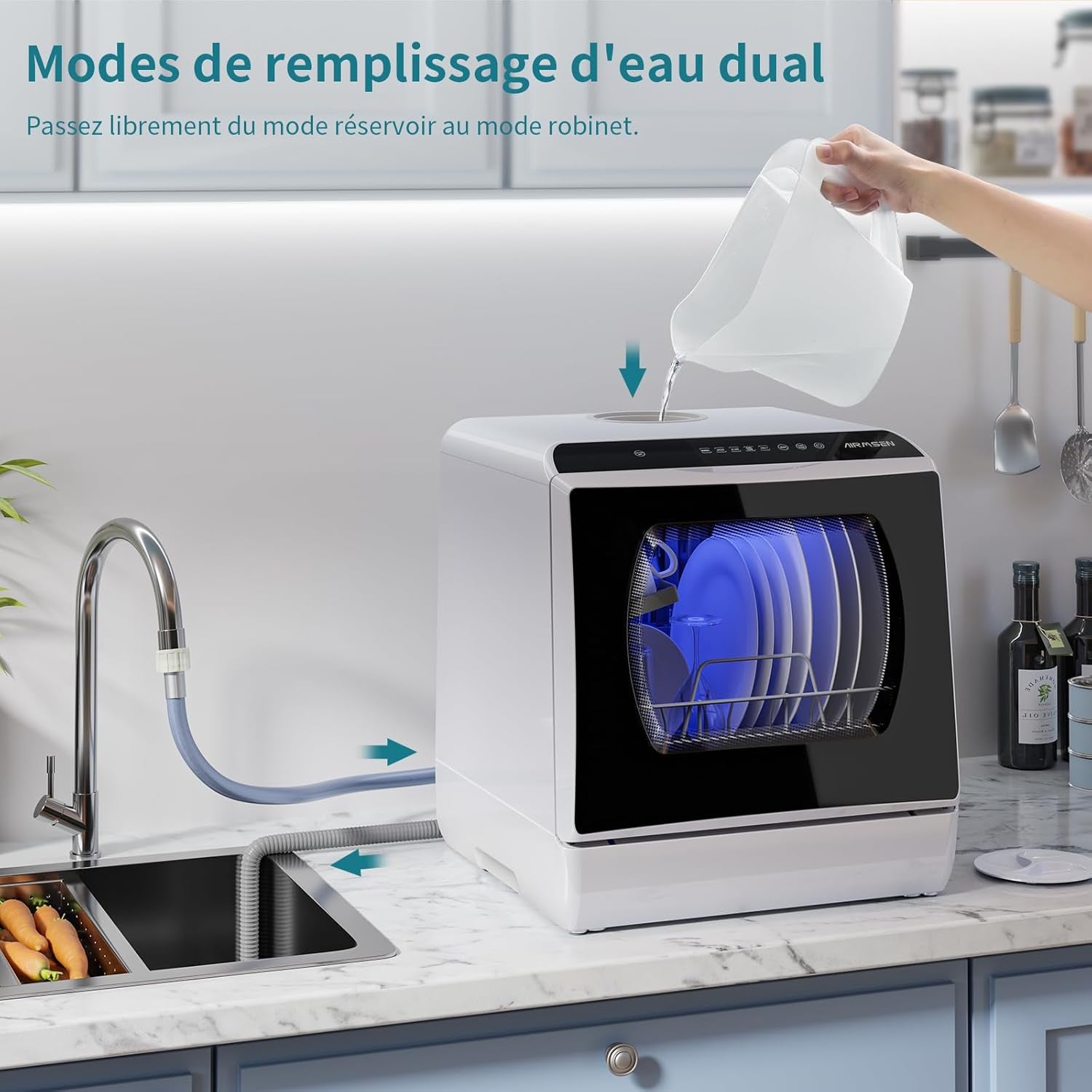 Mini Lave-Vaisselle De Comptoir, 5+1 Programmes, Réservoir D'Eau De 5L, Contrôle Tactile Et Écran LED, Adapté Pour Les Cuisines Familiales, Appartements Et Dortoirs, Blanc Et Noir