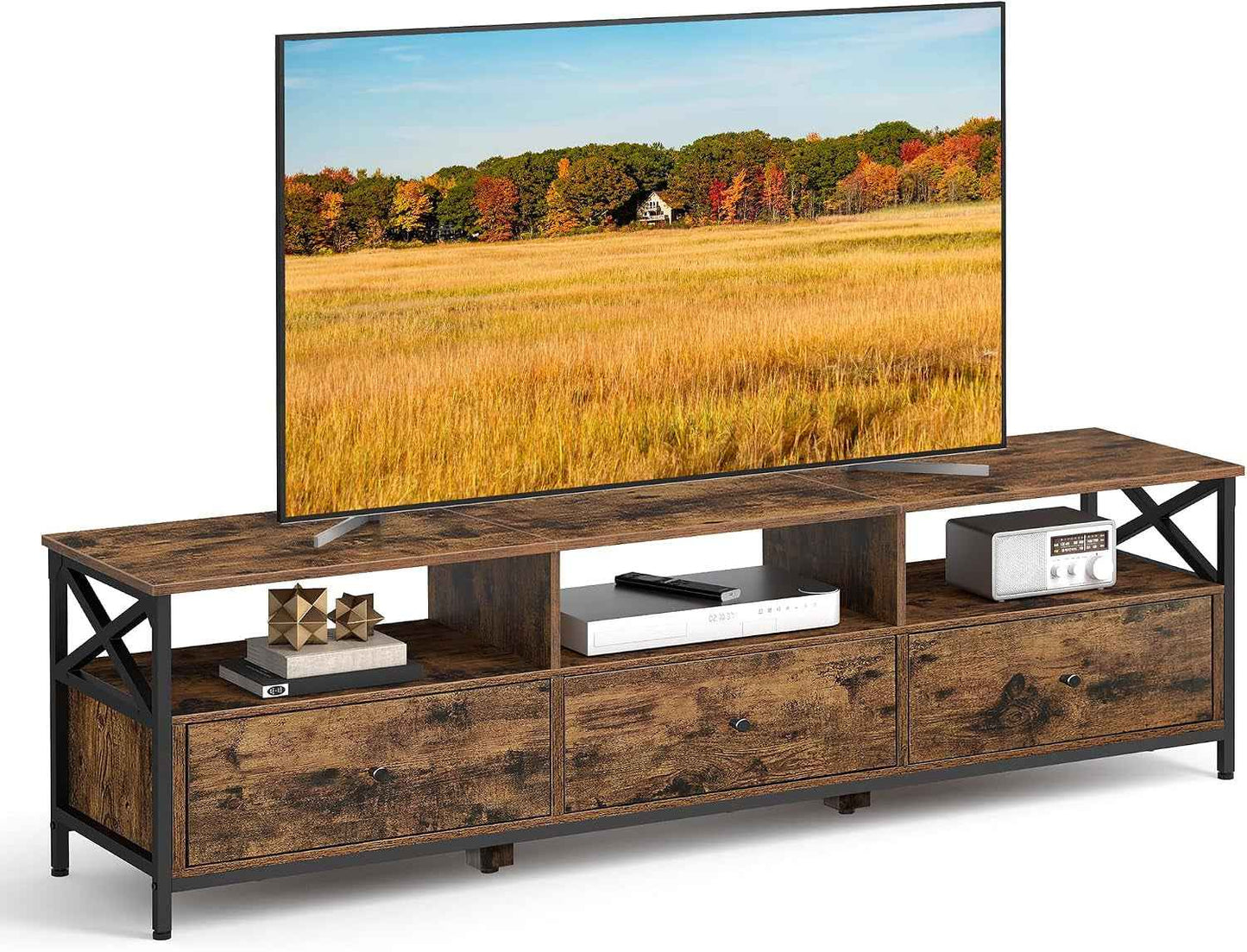 Meuble TV Pour Télévision Jusqu'À 80 Pouces, Support Télé, 3 Tiroirs En Tissu, 3 Étagères, 178 X 40 X 50 Cm, Salon, Chambre, Cadre En Acier, Marron Rustique Et Noir LTV303KD01