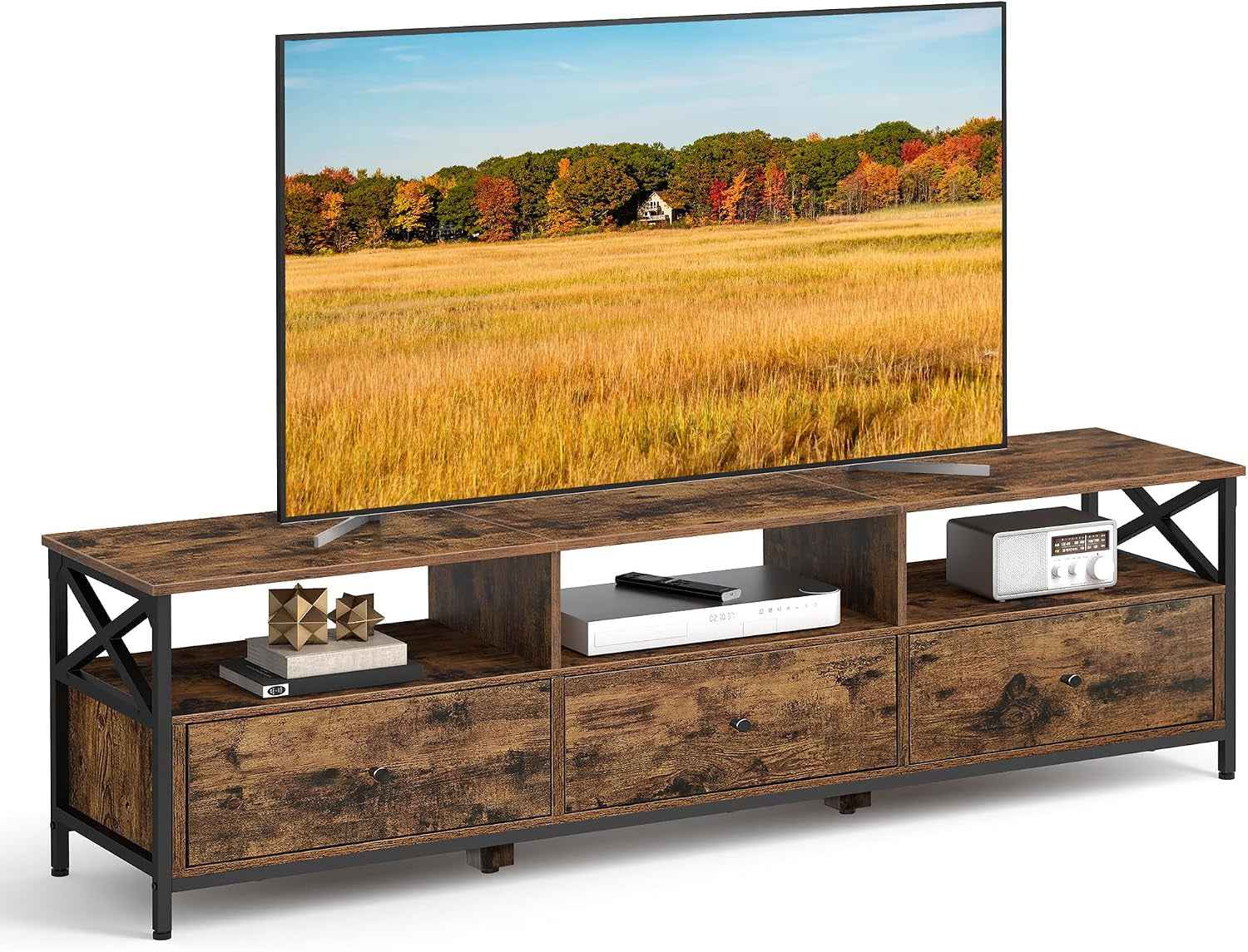 Meuble TV Pour Télévision Jusqu'À 80 Pouces, Support Télé, 3 Tiroirs En Tissu, 3 Étagères, 178 X 40 X 50 Cm, Salon, Chambre, Cadre En Acier, Marron Rustique Et Noir LTV303KD01