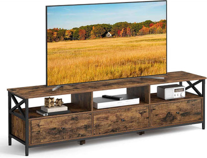 Meuble TV Pour Télévision Jusqu'À 80 Pouces, Support Télé, 3 Tiroirs En Tissu, 3 Étagères, 178 X 40 X 50 Cm, Salon, Chambre, Cadre En Acier, Marron Rustique Et Noir LTV303KD01
