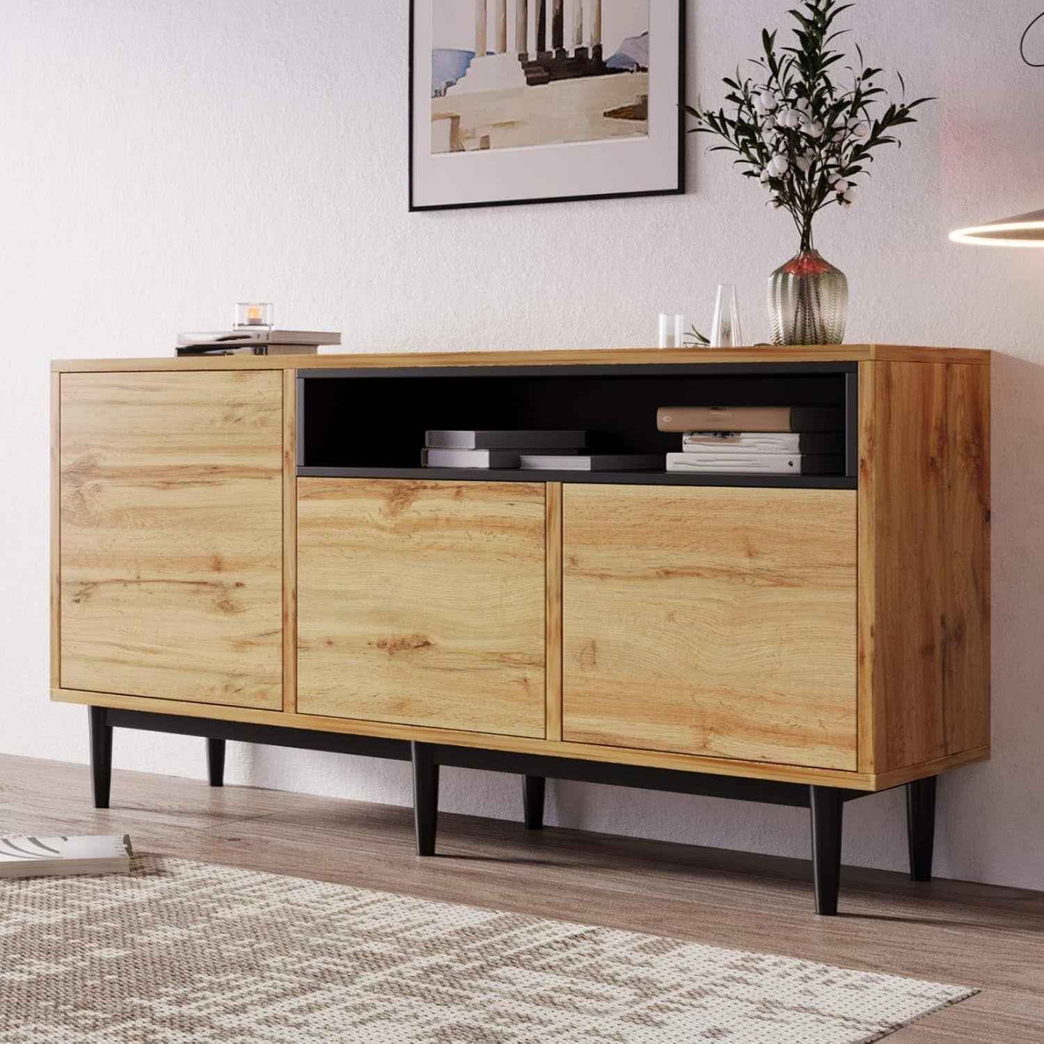 Buffet Moderne En Grain De Bois, Armoire De Rangement À 3 Portes Et Compartiment Ouvert, Noir, Multifonction Pour Salon, Chambre À Coucher, Cuisine (Naturel-C)