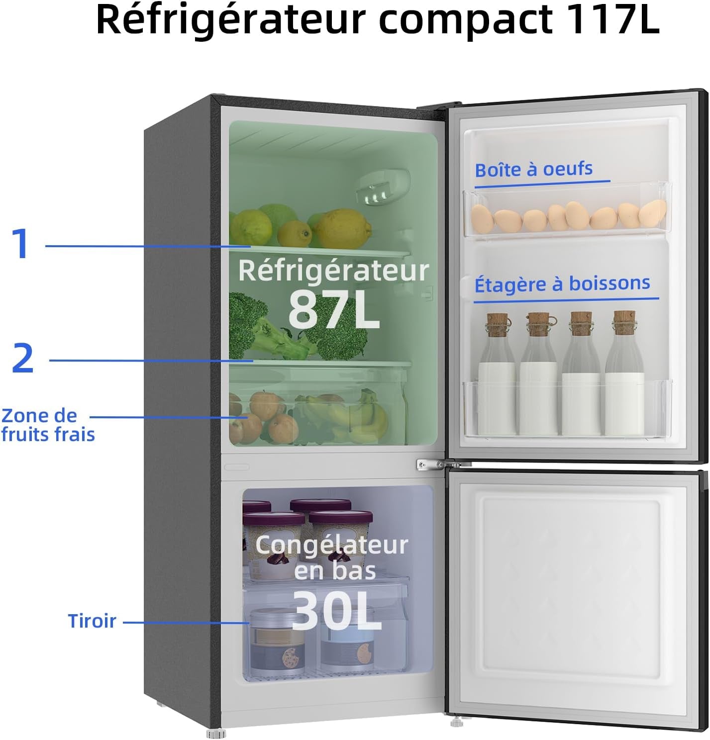 Réfrigérateur Congélateur Bas 117 Litres, 39Db, Commande Électronique, Acier Noir, Rangement De Tri, Dégivrage Manuel Facile