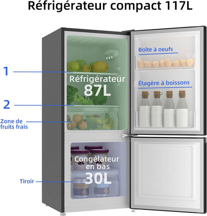 Réfrigérateur Congélateur Bas 117 Litres, 39Db, Commande Électronique, Acier Noir, Rangement De Tri, Dégivrage Manuel Facile