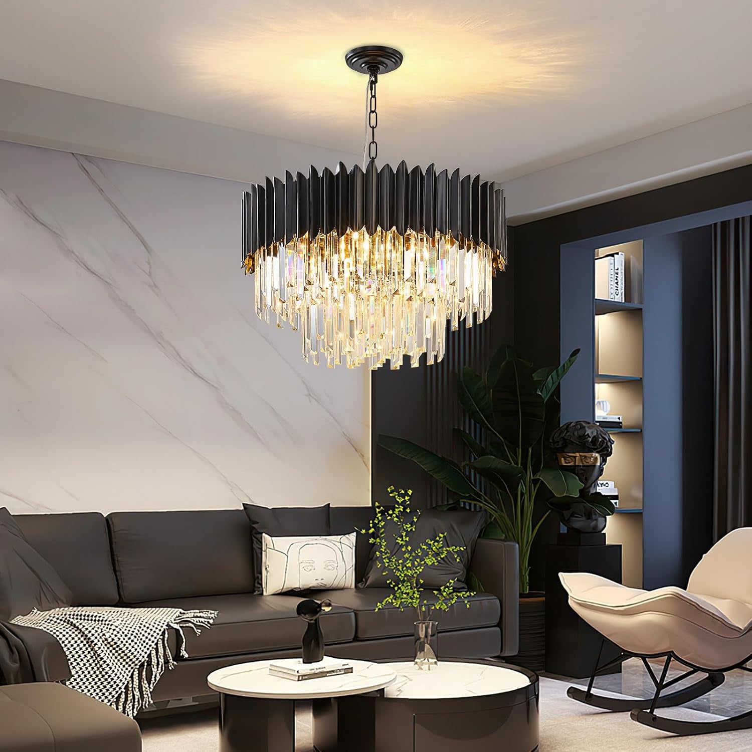 Moderne Lumière En Cristal De Luxe Suspendue, Lustre En Cristal Noir, 8Xe14 Raindrop Lustre Lumière Plafonnier Encastré Pour Salle À Manger, Φ60Cm