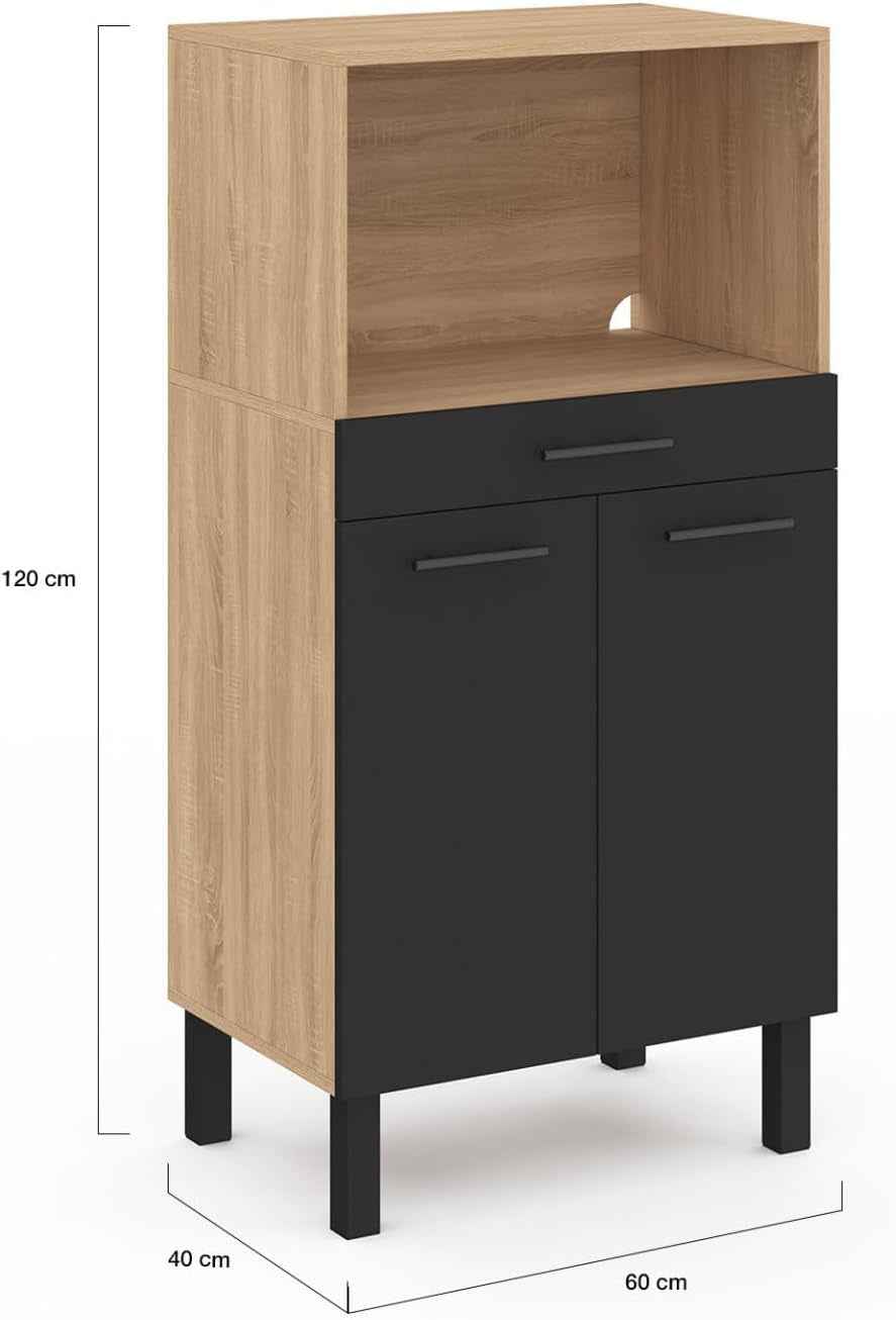 - Buffet Mi-Haut De Cuisine 60 Cm CINA Façon Hêtre Et Noir | Avec 1 Tiroir 2 Portes, Pour Micro-Onde