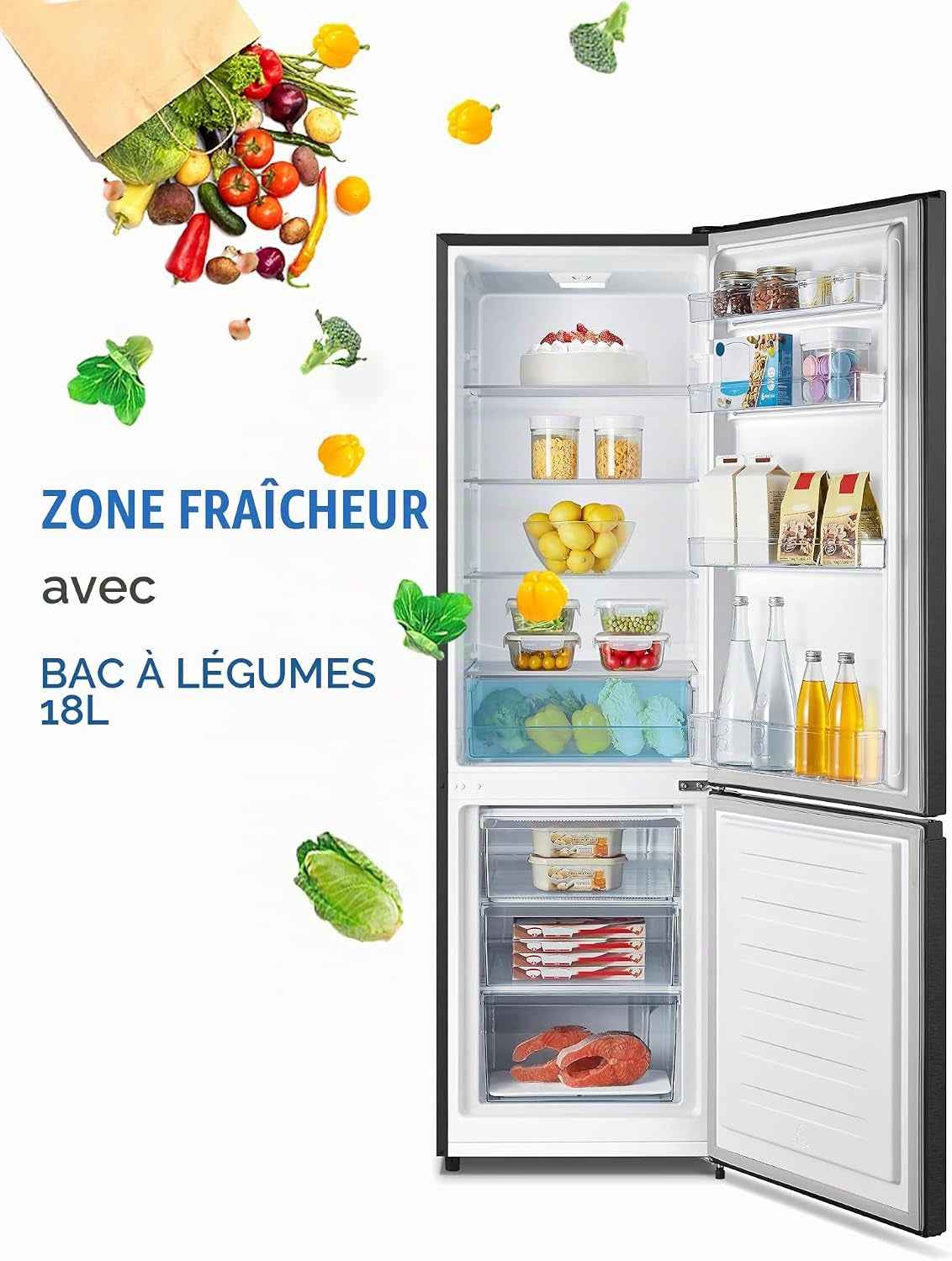Réfrigérateur-Congélateur 269 Litres, Volume De Refroidissement 198 L, Congélateur 71 L, Éclairage LED, Charnière De Porte De Réfrigérateur Interchangeable, Silencieux 39 Db, Grandes Boîtes