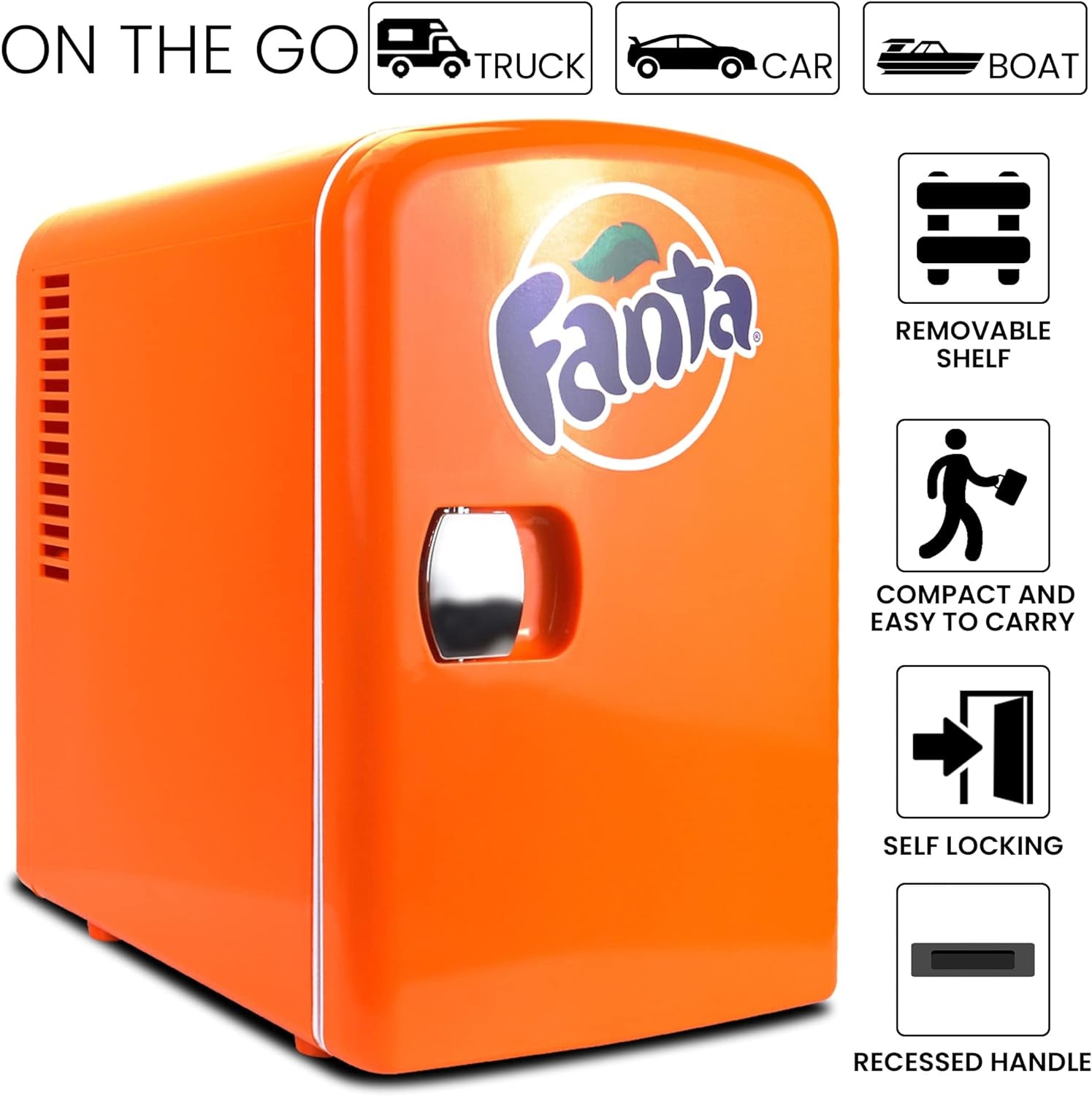 Coca Cola Fanta Portable 6 Can Thermoelectric Mini Fridge Cooler/Warmer, 4 L/4.2 Quarts Capacity, 12V DC/110V AC Plugs Included Great for Home, Car, Skincare, Cosmetics, Medication