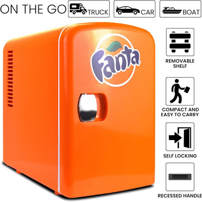 Coca Cola Fanta Portable 6 Can Thermoelectric Mini Fridge Cooler/Warmer, 4 L/4.2 Quarts Capacity, 12V DC/110V AC Plugs Included Great for Home, Car, Skincare, Cosmetics, Medication