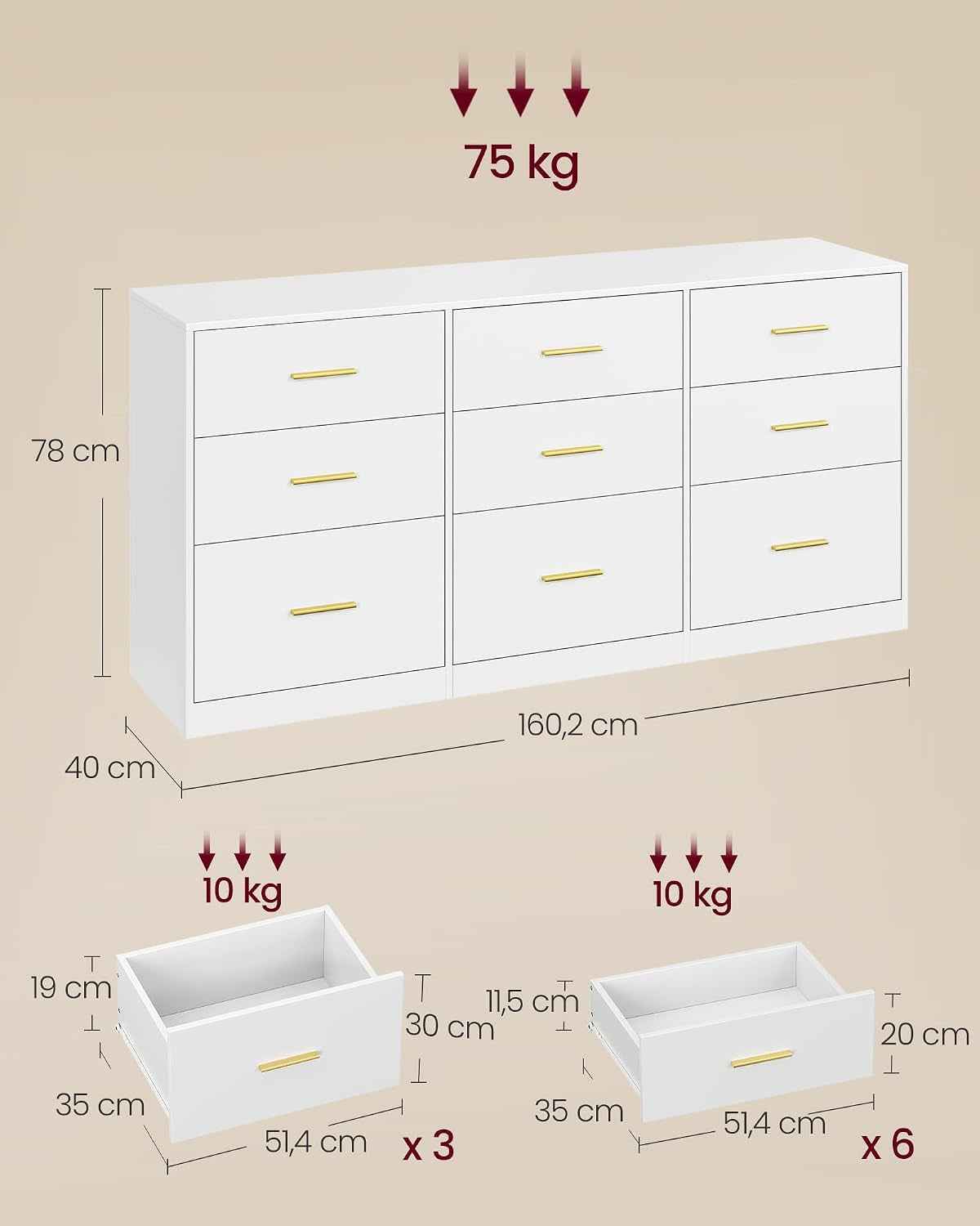Custos Collection - Commode De Chambre, Armoire À Tiroirs Pour Dressing, Style Moderne, Meuble TV Pour Salon, 9 Tiroirs, 40 X 160,2 X 78 Cm, Blanc Nuage LTS419WB01