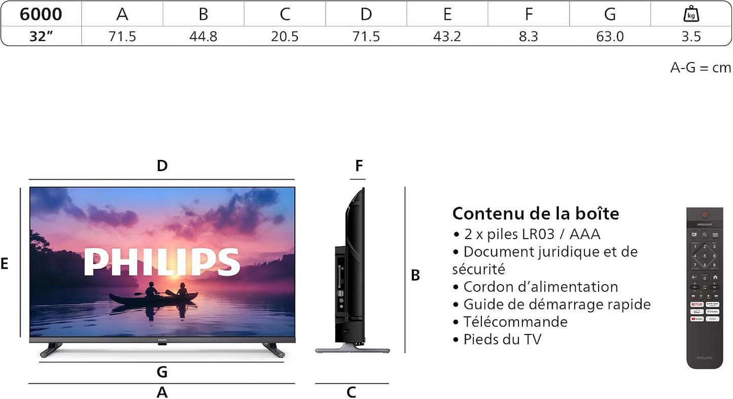 Philips 32PFS6000 2K HD LED Smart TV - Écran 32 Pouces Avec Pixel Plus, Plateforme Titan OS Et Son Dolby Digital - Compatible Alexa Et Assistant Vocal Google