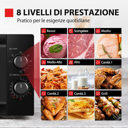 MW2-MG20P(BK) 3-En-1 Four Micro-Ondes Grill Combiné, 20 L, 5 Niveaux De Puissance Réglables, Minuteur, 800 W, Grill 1000 W, Noir