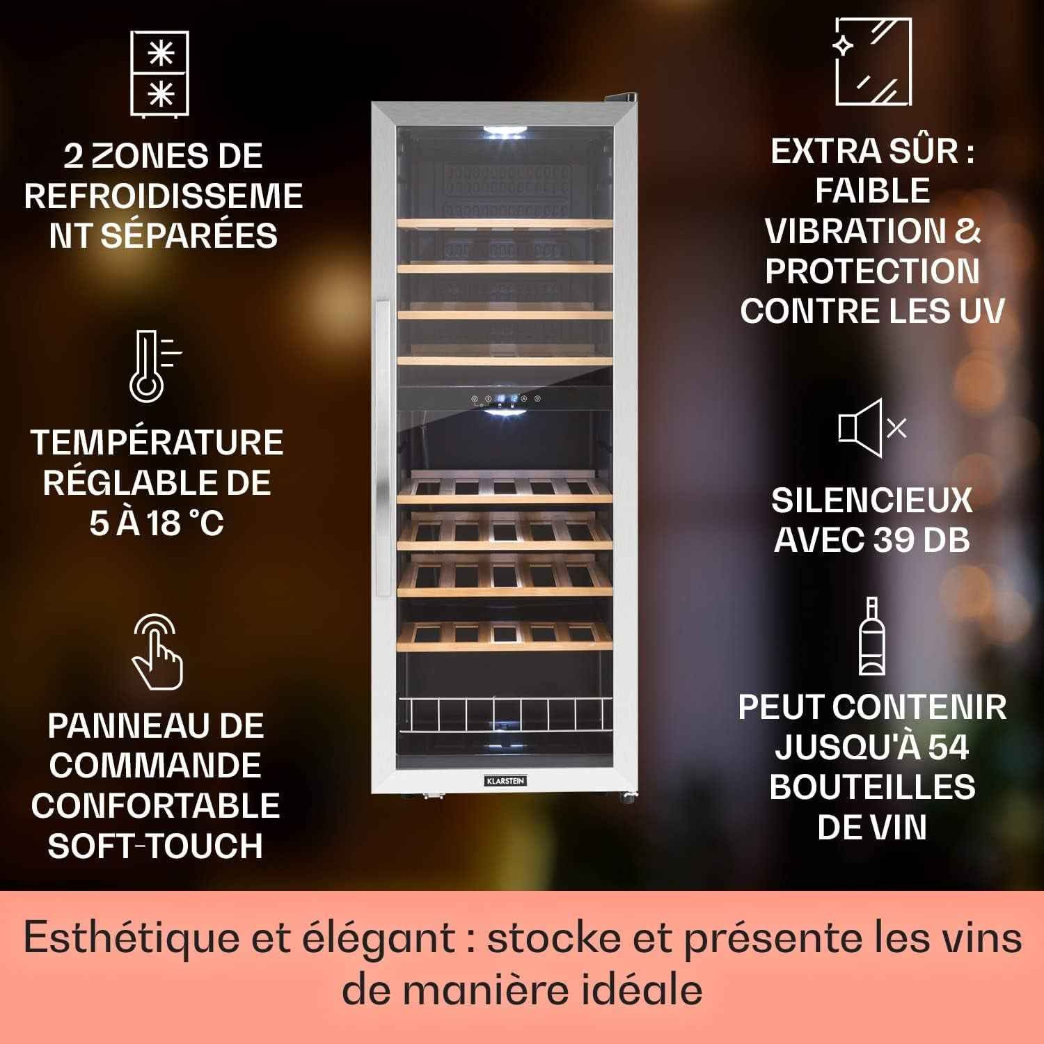 Cave À Vin 19 Bouteilles, Cave De Service Avec Étagères En Bois Amovibles, Porte En Verre, Commande Tactile, Écran LCD, Éclairage Intérieur, Temp De 5 À 18°C, a Vin Veillissement, Noir
