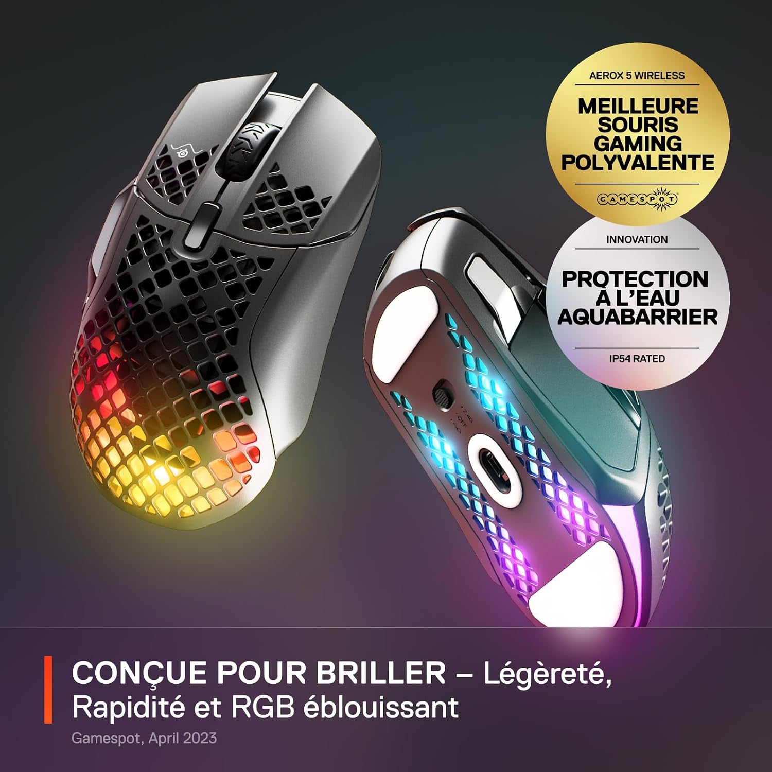 Aerox 5 Wireless - Souris Gaming Perforée RGB - Design Ultra-Léger Et Étanche - 9 Boutons - Bluetooth/2.4 Ghz - Capteur Optique Truemove Air 18K DPI