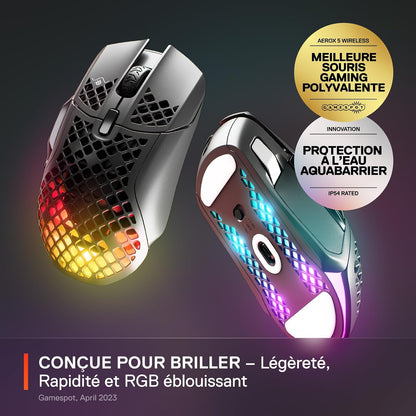 Aerox 5 Wireless - Souris Gaming Perforée RGB - Design Ultra-Léger Et Étanche - 9 Boutons - Bluetooth/2.4 Ghz - Capteur Optique Truemove Air 18K DPI