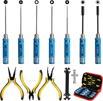 12Pcs RC Car Tools Kits Screwdriver Set (Hex, Phillips, Flat) Pliers Socket Wrench Hobby Tools Kits for Traxxas Arrma RC Car Drone Airplane Helicopter Vehicle Multirotors Models Repair Tool (Blue)
