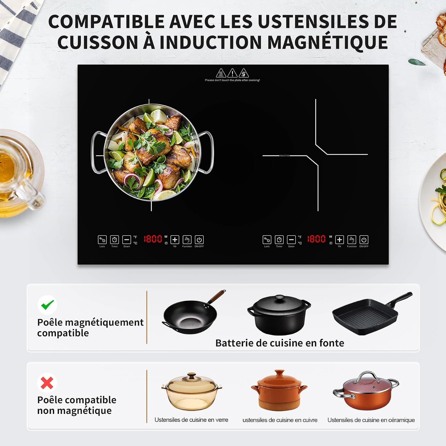 Plaque Induction 2 Feux, Plaque De Cuisson Electrique 220V 3600W, Plaque Vitrocéramique 2 Feux, Capteur LED Tactile, Tables De Cuisson, Verrouillage Enfant, Minuterie, Plaque À Induction Portable