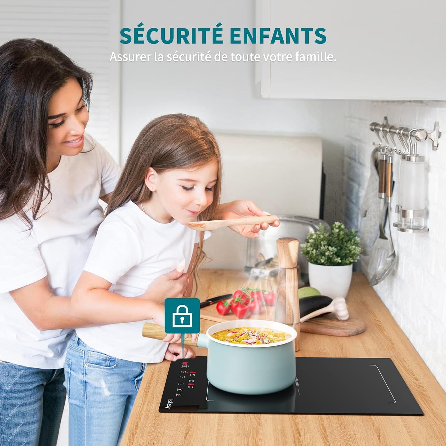Plaque Induction 2 Feux Encastrable,  Table De Cuisson Electrique 3400W, 2 Boosters, Minuterie, Zones Flexibles, Arrêt Auto, Verrou Enfants, Noir