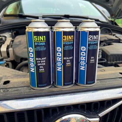 Nordo 5-En-1 – 5X Réfrigérant R134A 235 G Chaque Boîte Pour Climatisation Auto Avec Huile, Stop-Fuite, Traceur UV Et Déshydratant – Protège Le Compresseur