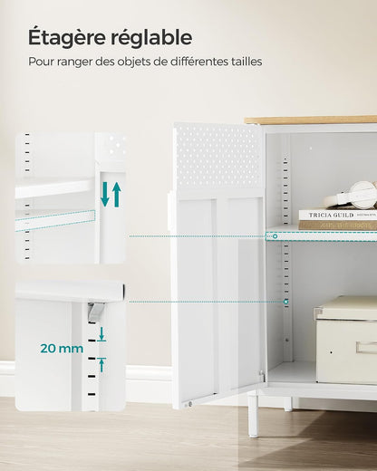 Meuble De Rangement, Buffet, En Métal, Double Porte, Fermeture Magnétique, Cadre En Acier, 40 X 80 X 76 Cm, Couleur Boisée Et Blanc LSC102W57