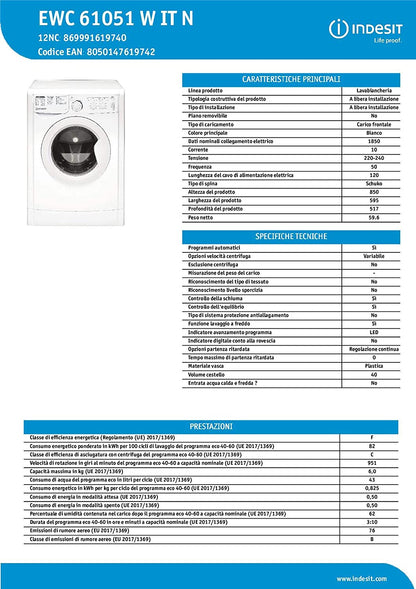 EWC 61051 W IT N - Machine À Laver 6 Kg Libre Installation, Charge Avant. Centrifugeuse 1000 Tours Par Minute - Largeur 59,5 Cm, Profondeur 51,7 Cm, Hauteur 85 Cm, Classe Énergétique F