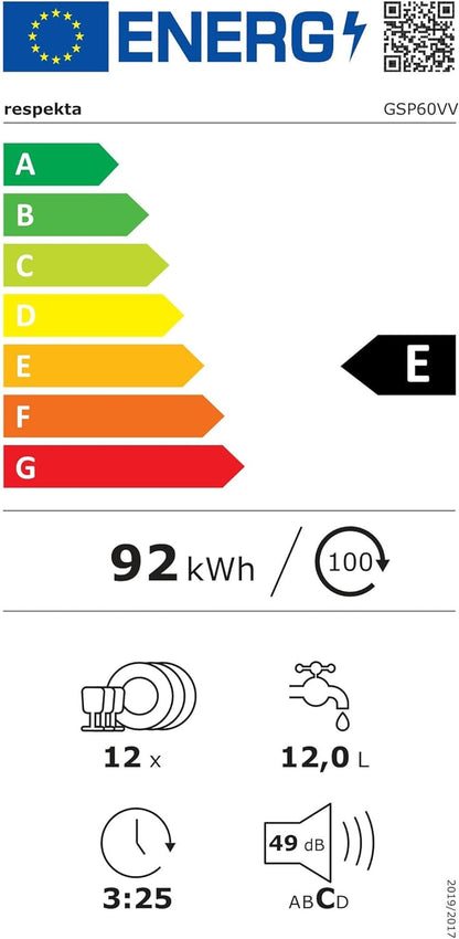 Respekta Lave-Vaisselle Entièrement Intégré 60 Cm / Lave-Vaisselle Encastré Avec Panier À Couverts / 4 Programmes / Départ Différé / 12 Couverts / GSP60VV / Silencieux 49 Db