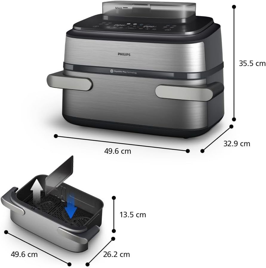 Airfryer 5000 - Air Fryer Panier Flexible 9.5L, Cuisson Vapeur | Megabasket 9.5L Ou 3+6L, Séparateur Amovible, 28 Modes,Technologie Rapidair & Steamfry, Auto Steamclean, Inox (NA565/00)