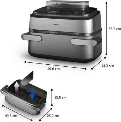 Airfryer 5000 - Air Fryer Panier Flexible 9.5L, Cuisson Vapeur | Megabasket 9.5L Ou 3+6L, Séparateur Amovible, 28 Modes,Technologie Rapidair & Steamfry, Auto Steamclean, Inox (NA565/00)