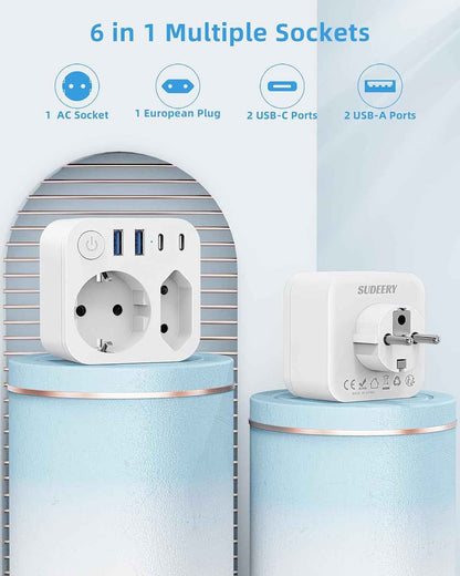 6 En 1 Multiprise Murale Avec 4 USB (2 Type-C), Adaptateur Secteur 2 Prises Avec Interrupteur Electrique Idéal Bureau, Blanc | 2 Prises Multiprises, Double Prise Pour Prise Murale