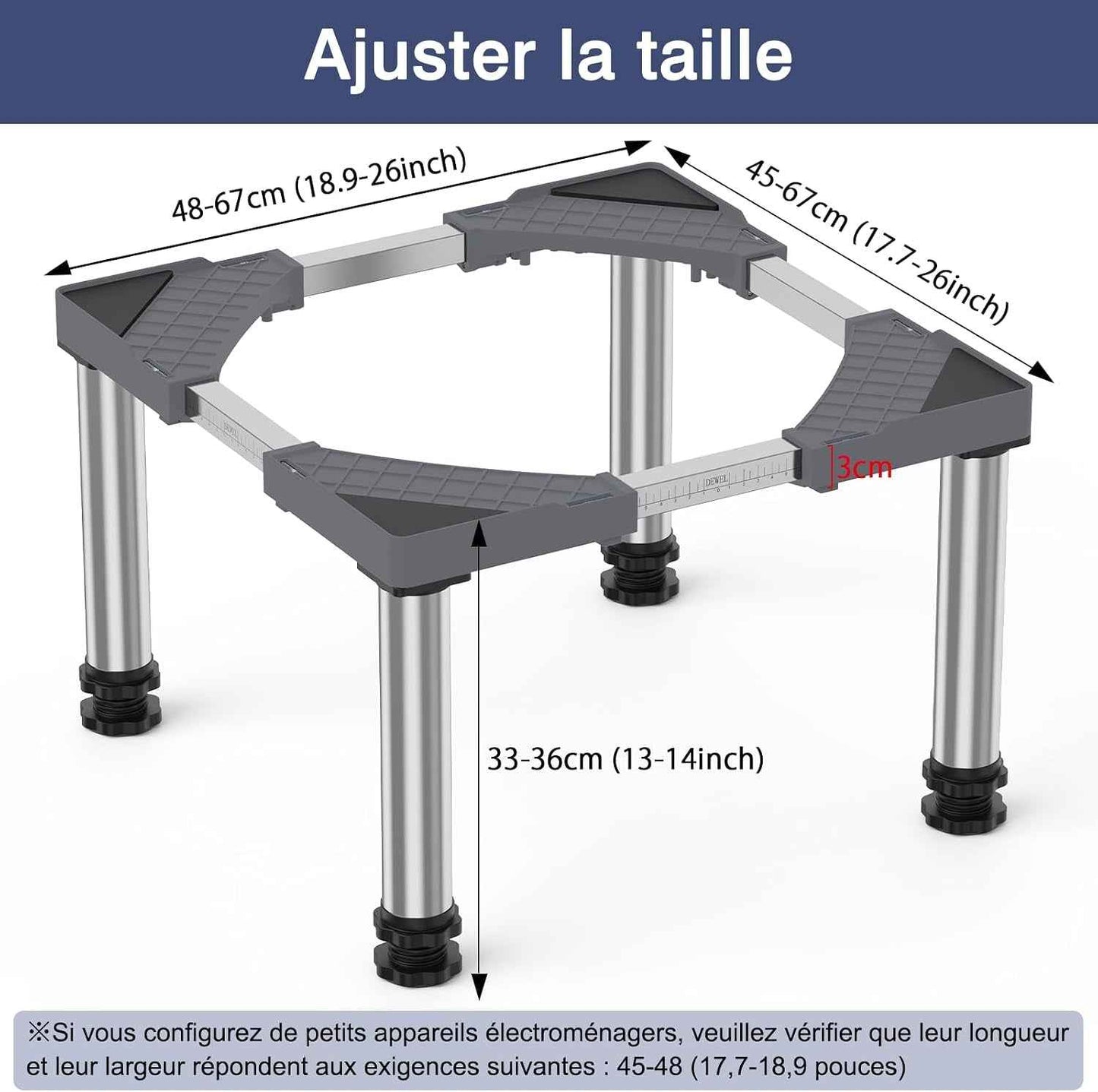 Mini Base De Réfrigérateur Support Électroménager Réglable Hauteur 33-36 Cm, Base De Lave-Vaisselle 45-67 Cm Avec 4 Pieds Robustes, Charge 200 Kg Pour Sécheuse Armoire De Réfrigérateur Gris
